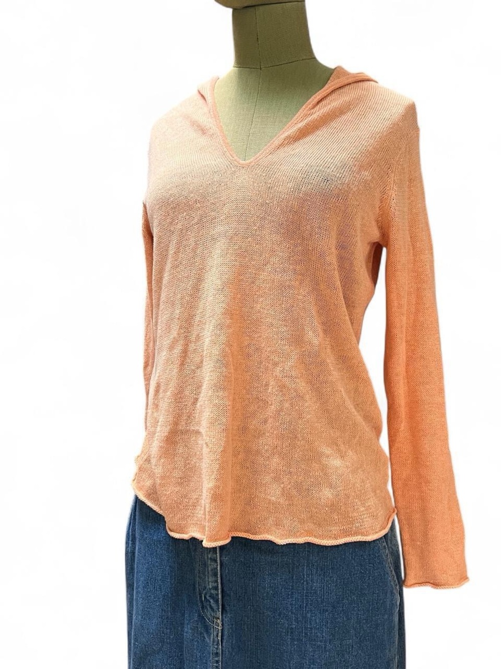 Eileen Fisher 100 Linen Sheer Open Knit Hooded V-Neck Sweater Peach SP Petite
